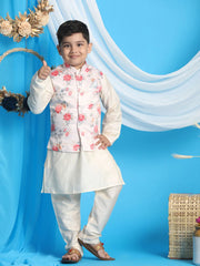 Boys' Peach And Cream Jacket, Kurta and Pyjama Set