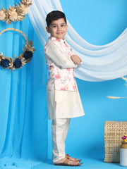 Boys' Peach And Cream Jacket, Kurta and Pyjama Set