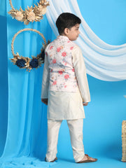 Boys' Peach And Cream Jacket, Kurta and Pyjama Set