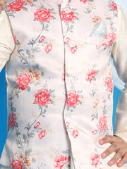 Boys' Peach And Cream Jacket, Kurta and Pyjama Set