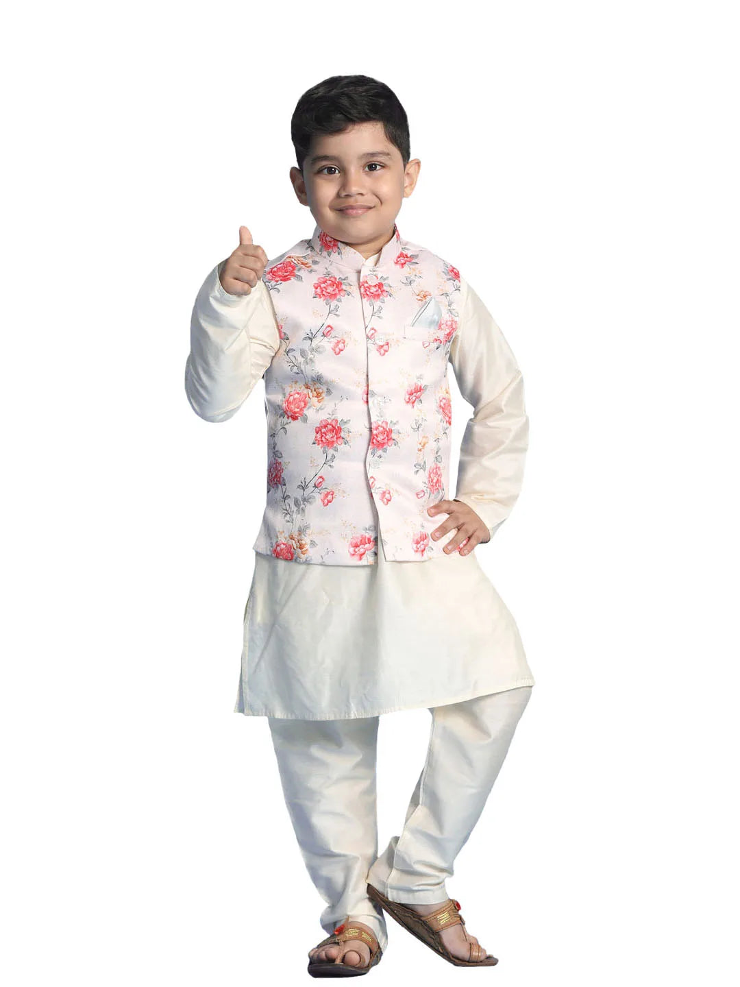 Boys' Peach And Cream Jacket, Kurta and Pyjama Set