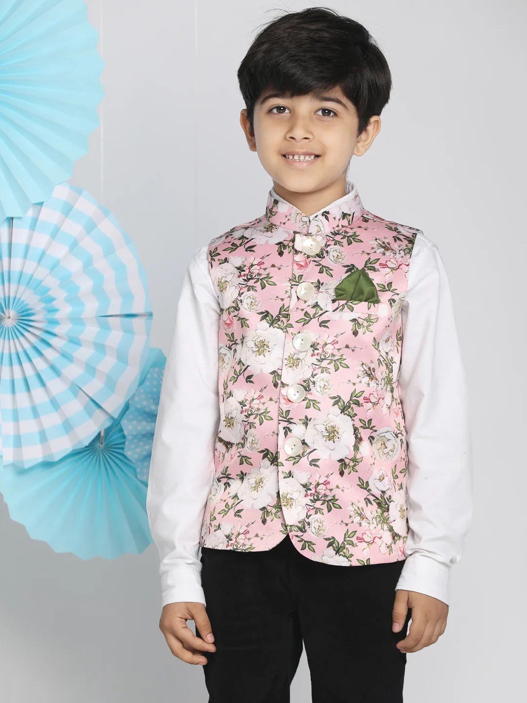 Boys' Multicolor-Base-Pink Nehru Jacket