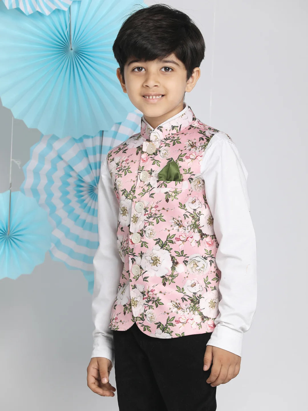 Boys' Multicolor-Base-Pink Nehru Jacket