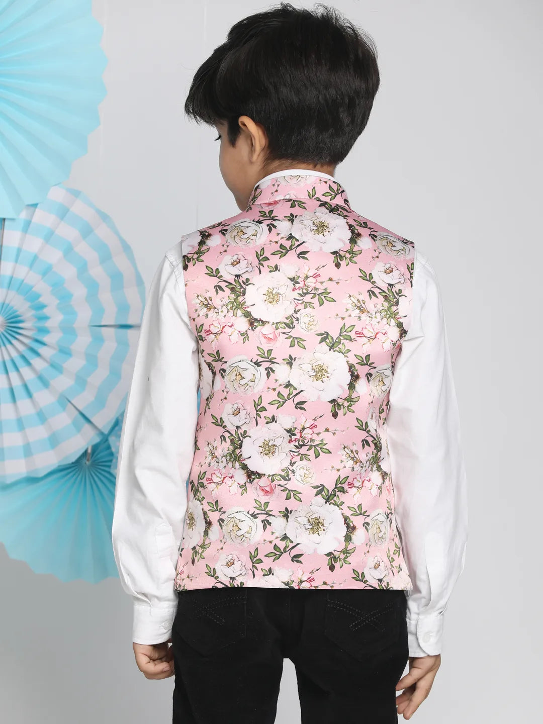 Boys' Multicolor-Base-Pink Nehru Jacket