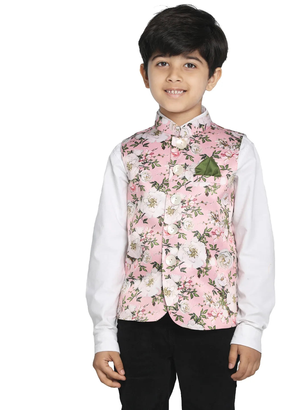 Boys' Multicolor-Base-Pink Nehru Jacket