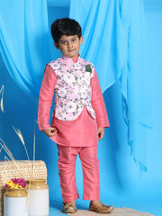 Boys' Pink Jacket, Kurta and Pyjama Set