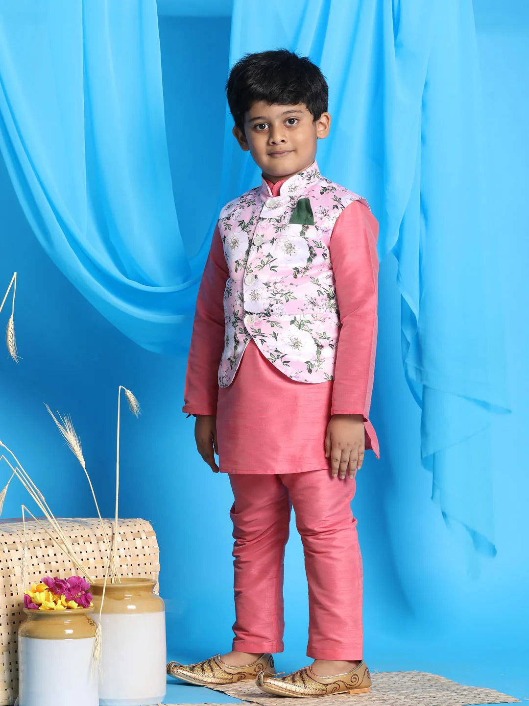 Boys' Pink Jacket, Kurta and Pyjama Set