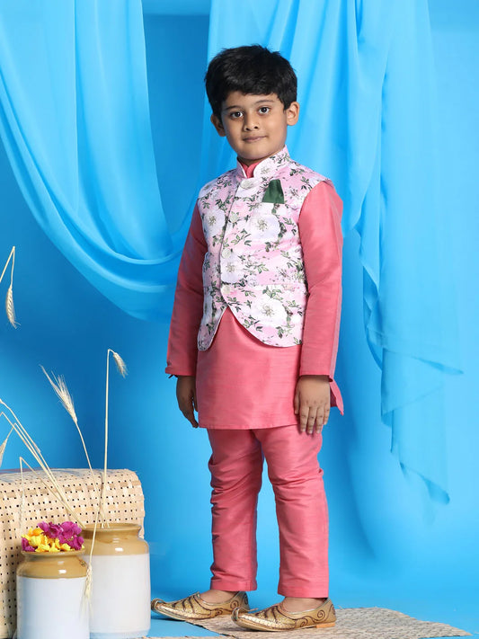 Boys' Pink Jacket, Kurta and Pyjama Set