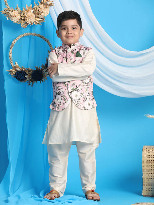 Boys' Pink And Cream Jacket, Kurta and Pyjama Set