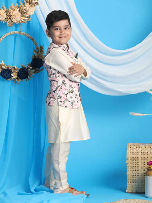 Boys' Pink And Cream Jacket, Kurta and Pyjama Set