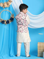 Boys' Pink And Cream Jacket, Kurta and Pyjama Set