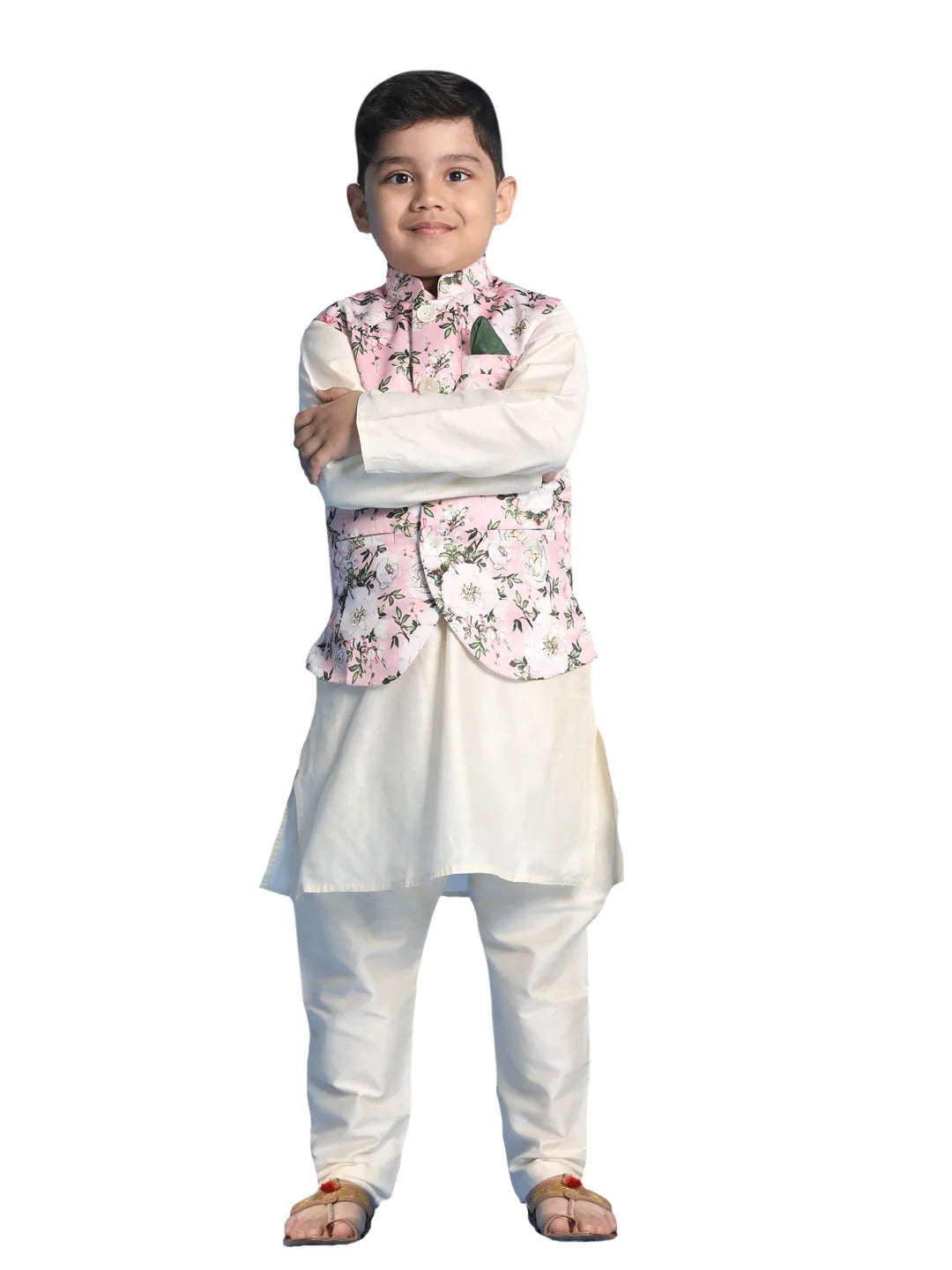 Boys' Pink And Cream Jacket, Kurta and Pyjama Set