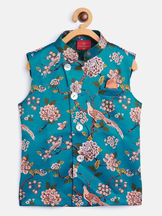 Boys' Multicolored-Base-Turquoise Nehru Jacket