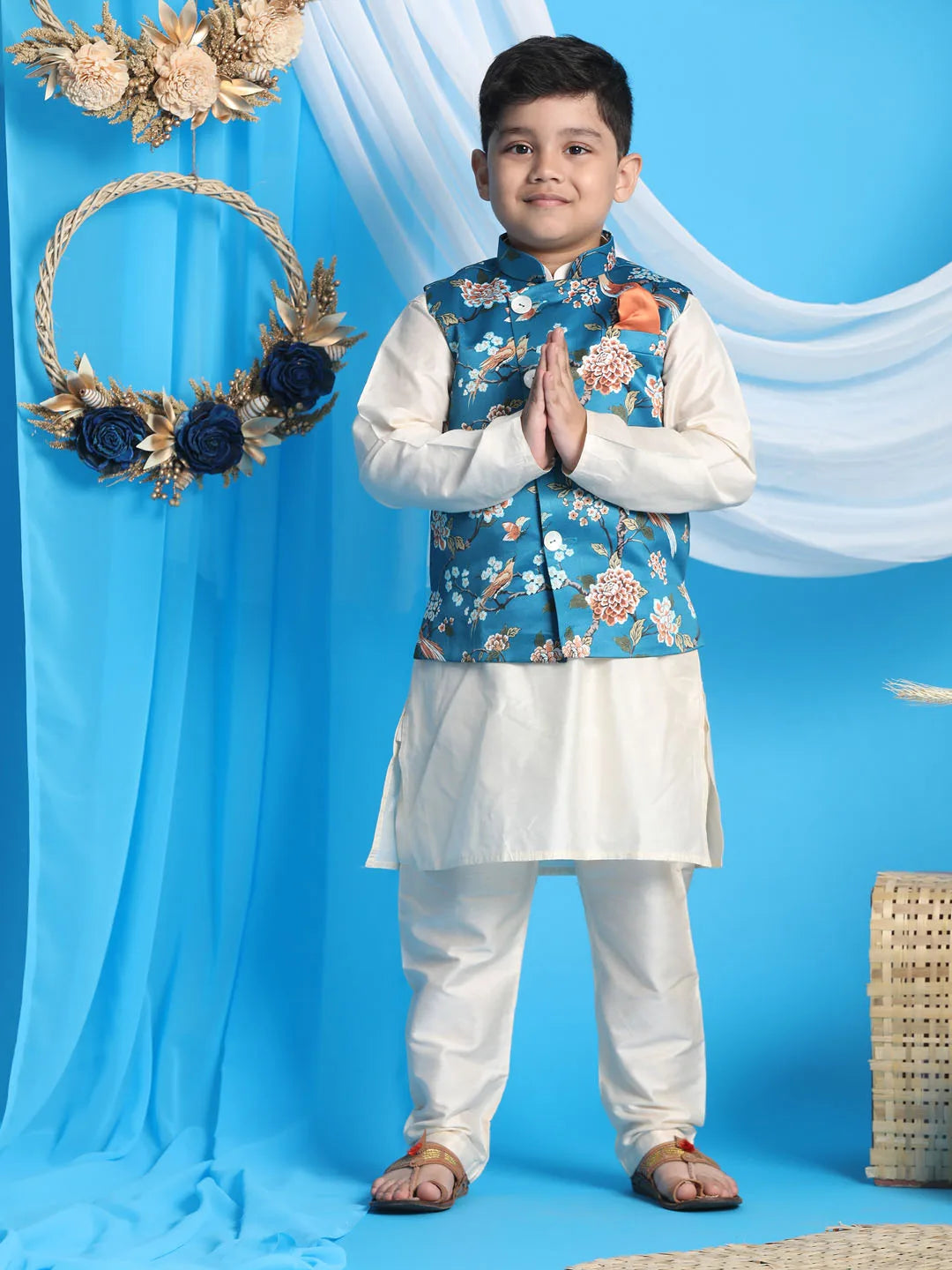 Boys' Turquoise And Cream Jacket, Kurta and Pyjama Set