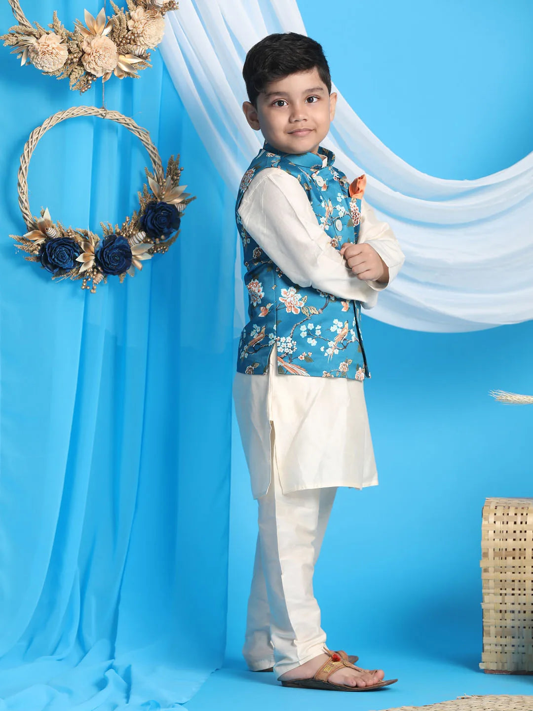 Boys' Turquoise And Cream Jacket, Kurta and Pyjama Set