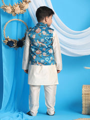 Boys' Turquoise And Cream Jacket, Kurta and Pyjama Set