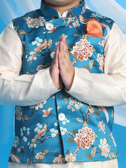 Boys' Turquoise And Cream Jacket, Kurta and Pyjama Set