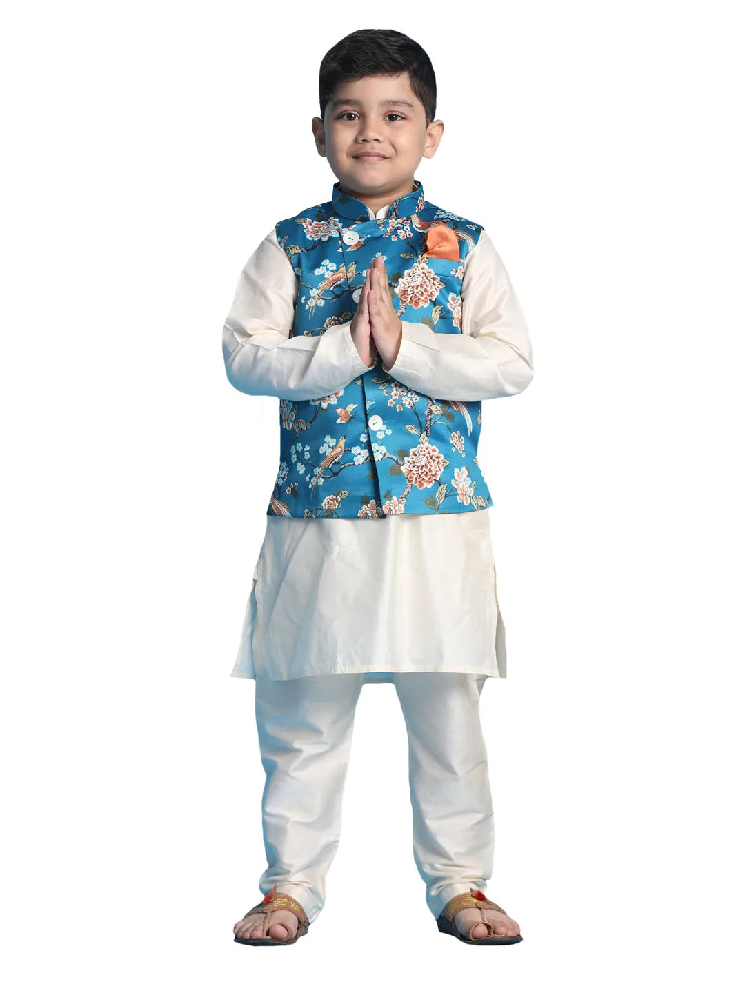 Boys' Turquoise And Cream Jacket, Kurta and Pyjama Set