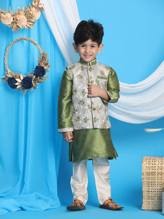 Boys' Green Jacket, Kurta and Pyjama Set