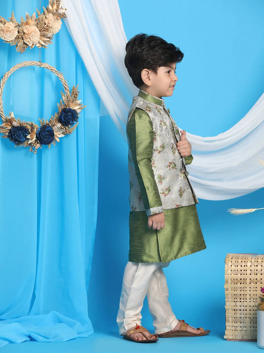 Boys' Green Jacket, Kurta and Pyjama Set