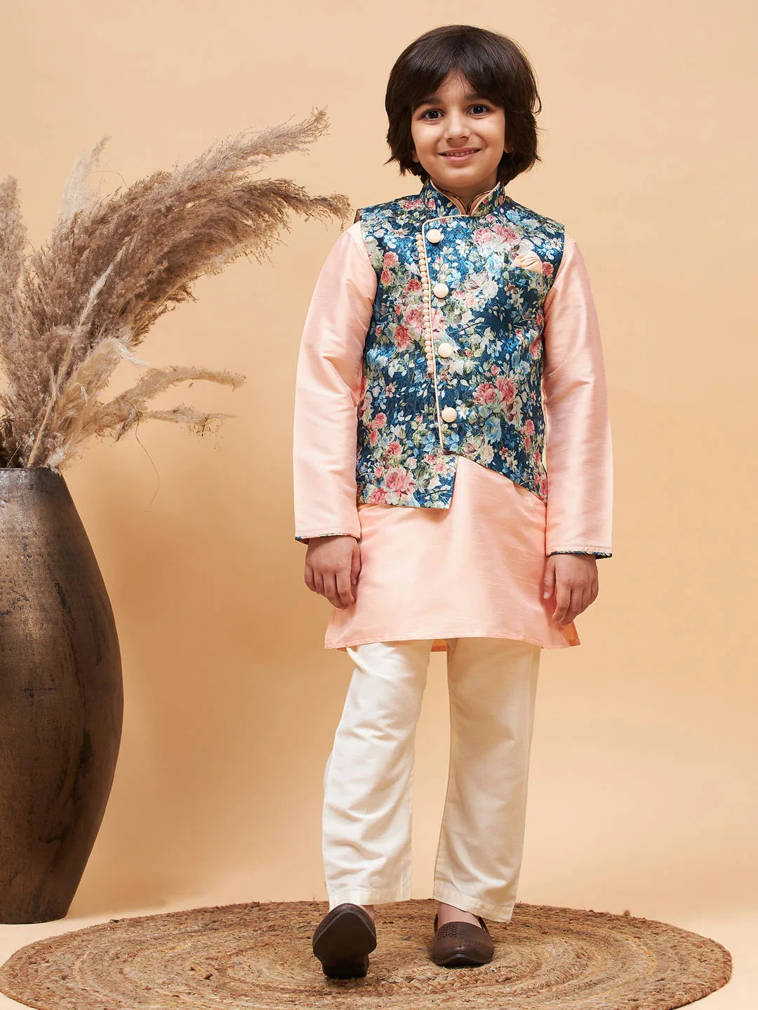 Boys' Peach Jacket, Kurta and Pyjama Set