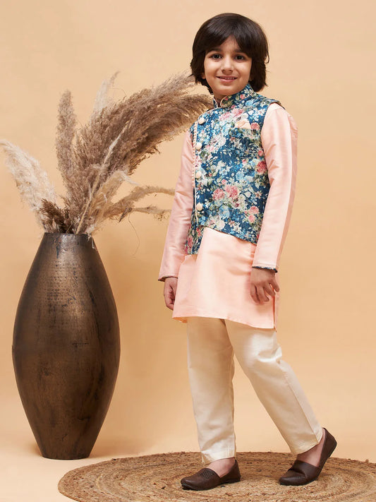 Boys' Peach Jacket, Kurta and Pyjama Set