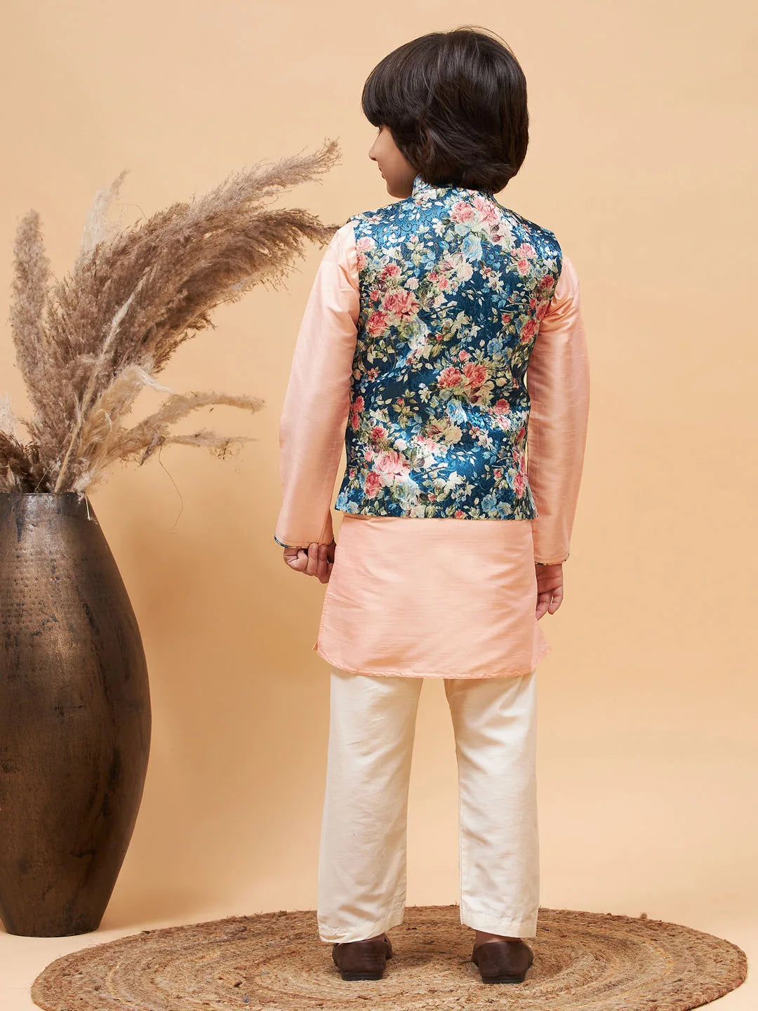 Boys' Peach Jacket, Kurta and Pyjama Set