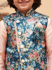 Boys' Peach Jacket, Kurta and Pyjama Set