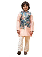 Boys' Peach Jacket, Kurta and Pyjama Set