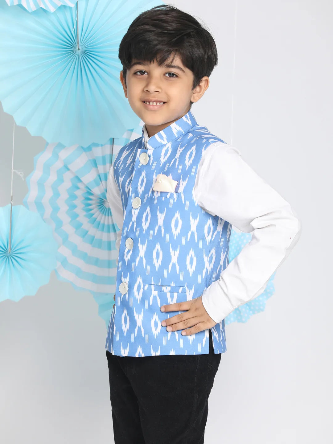 Boys' Aqua Blue Ikkat Nehru Jacket