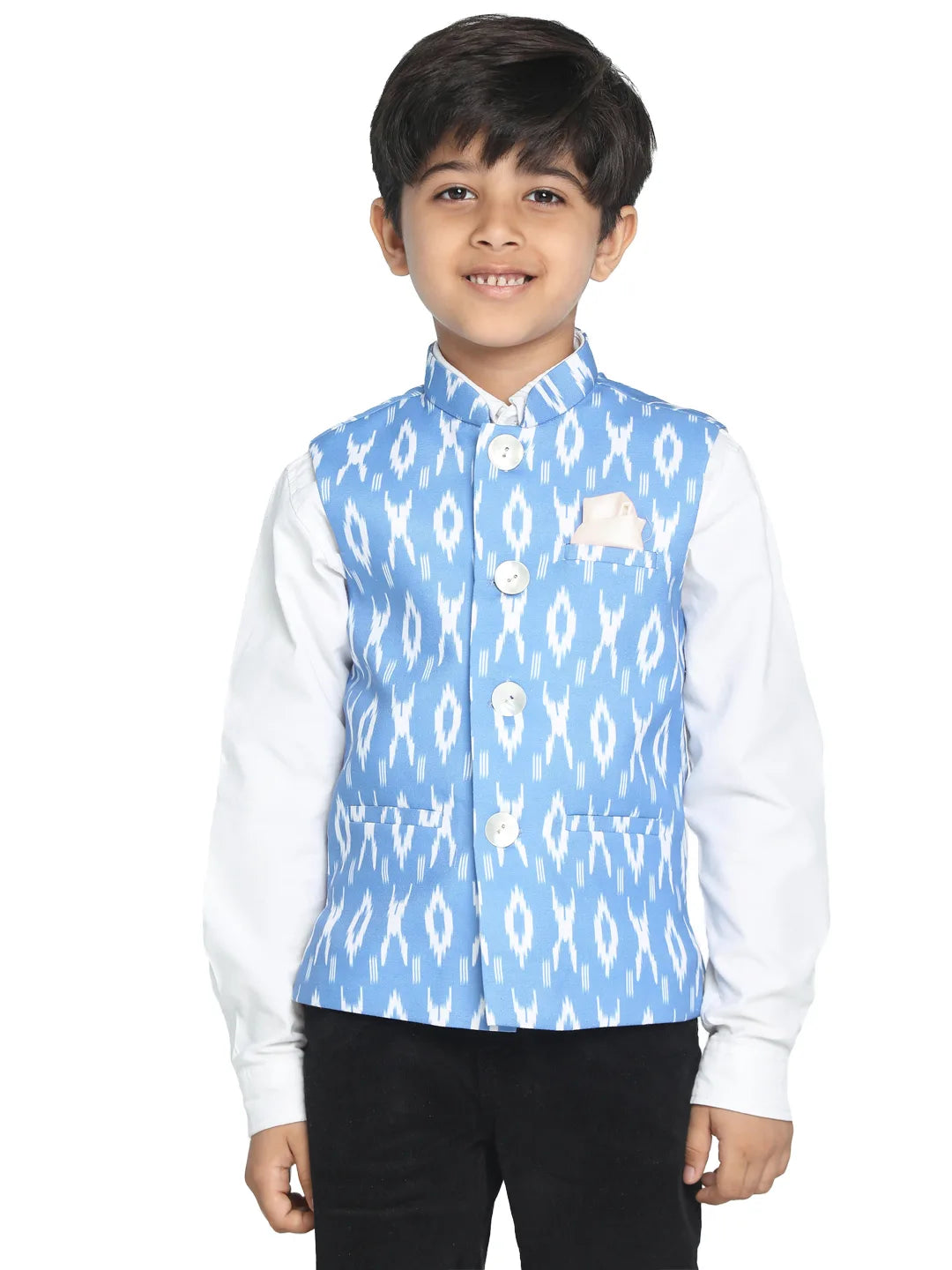 Boys' Aqua Blue Ikkat Nehru Jacket