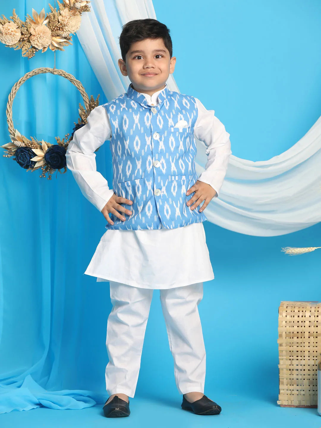 Boys' Aqua And White Jacket, Kurta and Pyjama Set