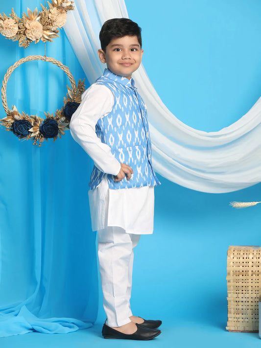 Boys' Aqua And White Jacket, Kurta and Pyjama Set