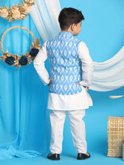 Boys' Aqua And White Jacket, Kurta and Pyjama Set