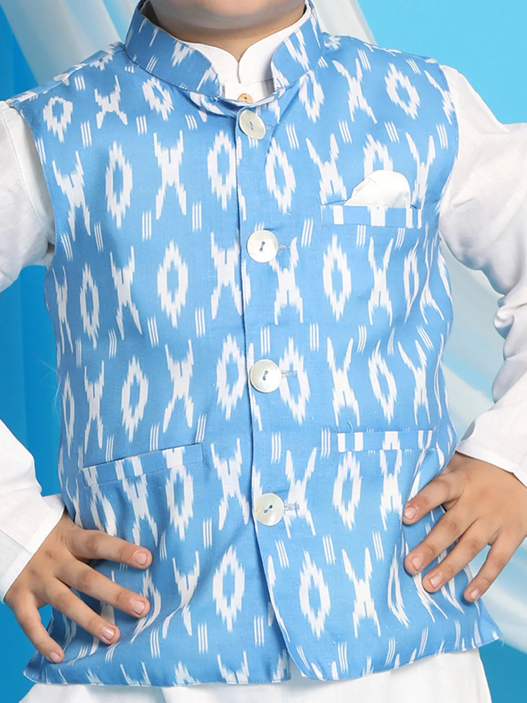 Boys' Aqua And White Jacket, Kurta and Pyjama Set