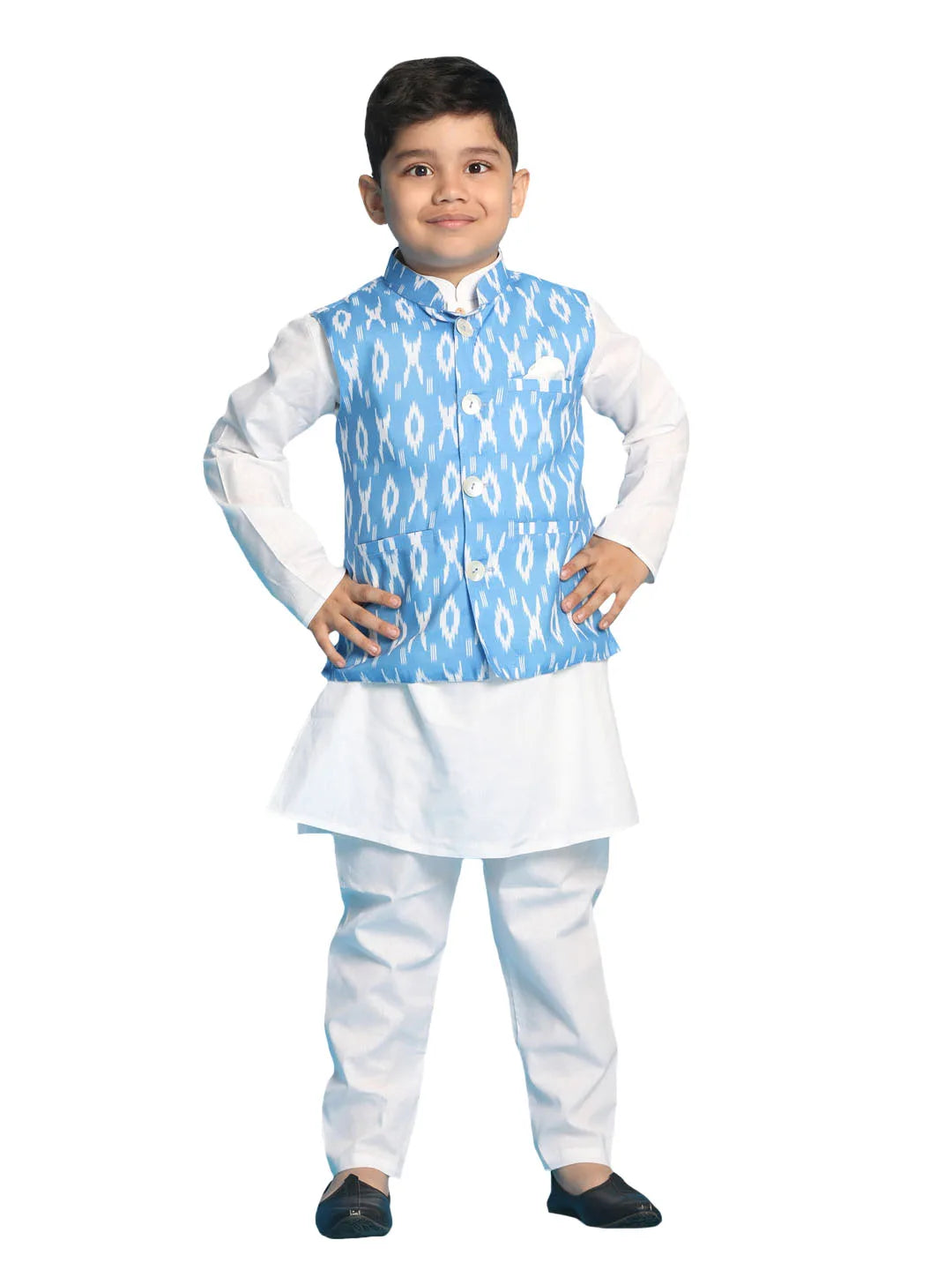 Boys' Aqua And White Jacket, Kurta and Pyjama Set