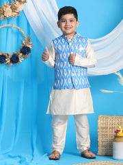 Boys' Aqua And Cream Jacket, Kurta and Pyjama Set