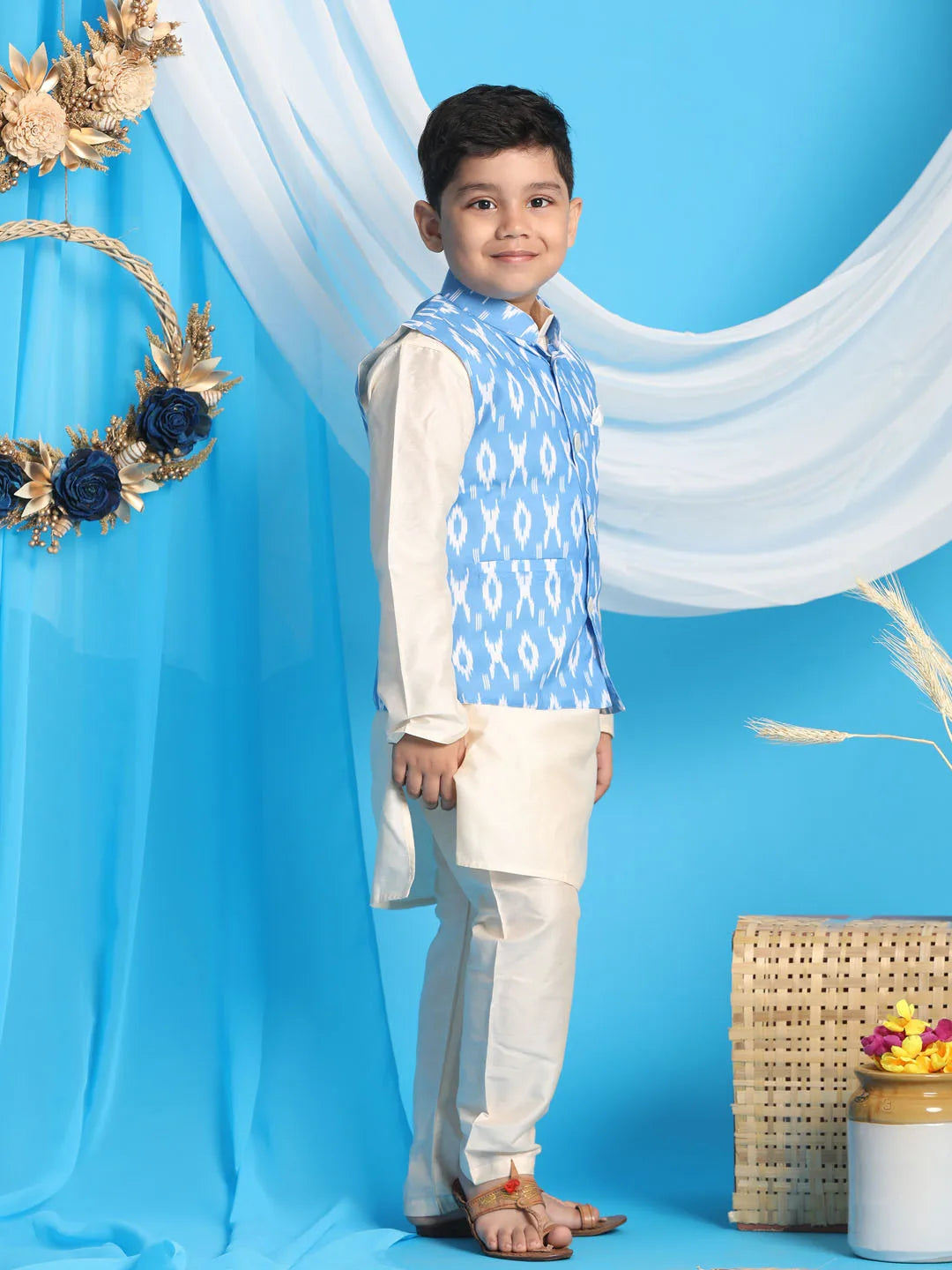 Boys' Aqua And Cream Jacket, Kurta and Pyjama Set