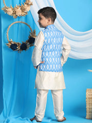 Boys' Aqua And Cream Jacket, Kurta and Pyjama Set