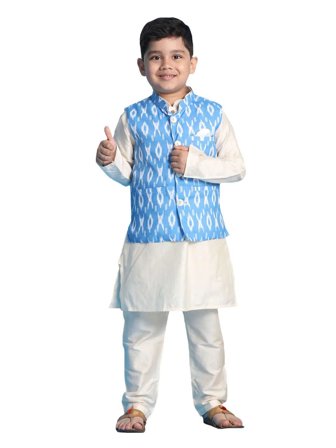 Boys' Aqua And Cream Jacket, Kurta and Pyjama Set