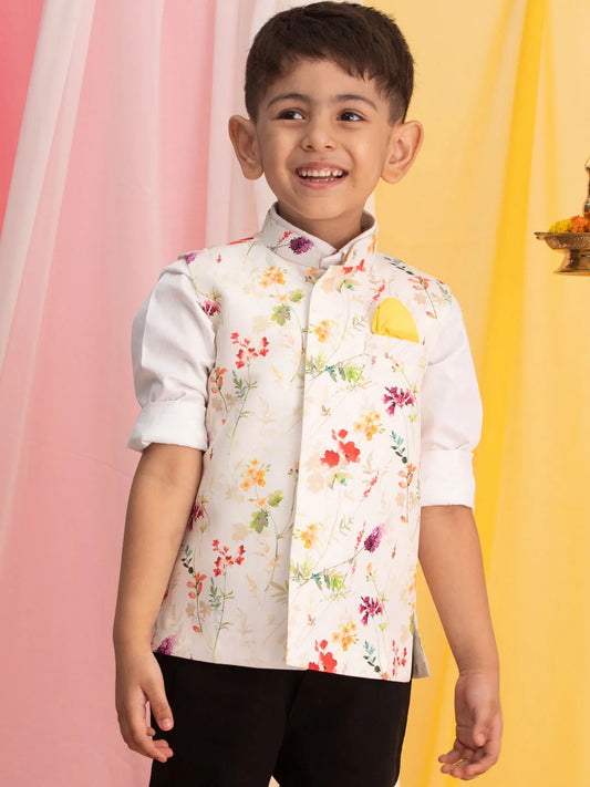 Boys' Multi Color Cream Base Nehru Jacket