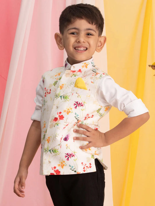 Boys' Multi Color Cream Base Nehru Jacket