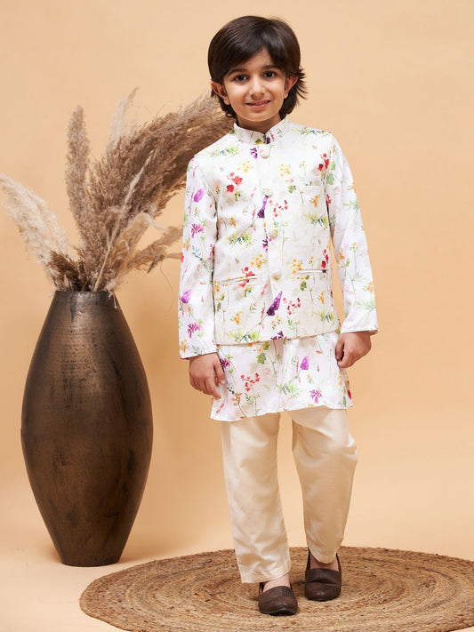 Boys' Multi Color Cream Base Jacket, Kurta and Pyjama Set