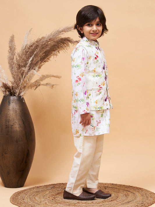 Boys' Multi Color Cream Base Jacket, Kurta and Pyjama Set