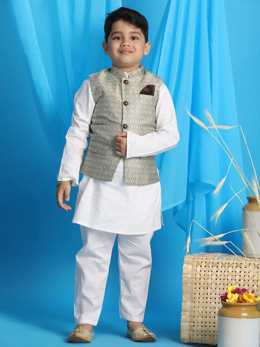 Boys' Beige And White Jacket, Kurta and Pyjama Set