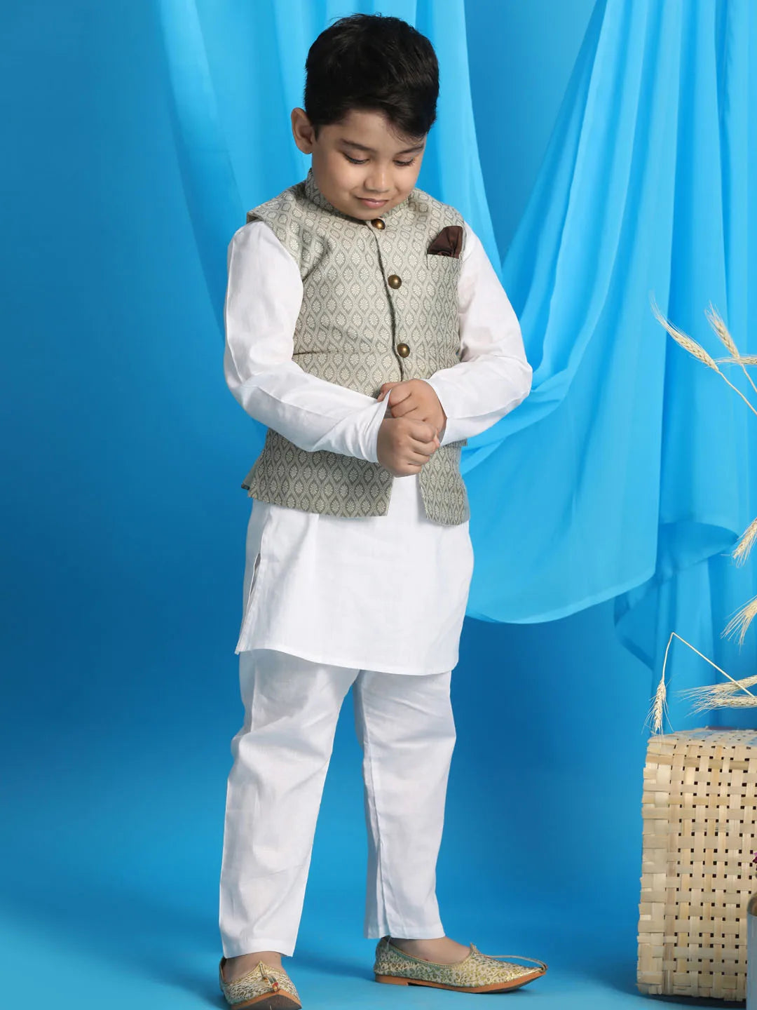 Boys' Beige And White Jacket, Kurta and Pyjama Set