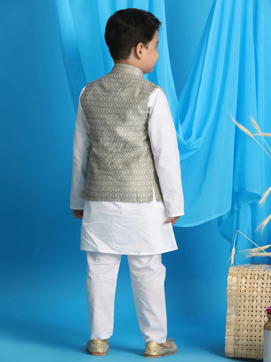 Boys' Beige And White Jacket, Kurta and Pyjama Set