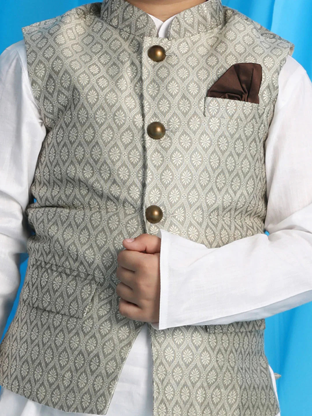 Boys' Beige And White Jacket, Kurta and Pyjama Set