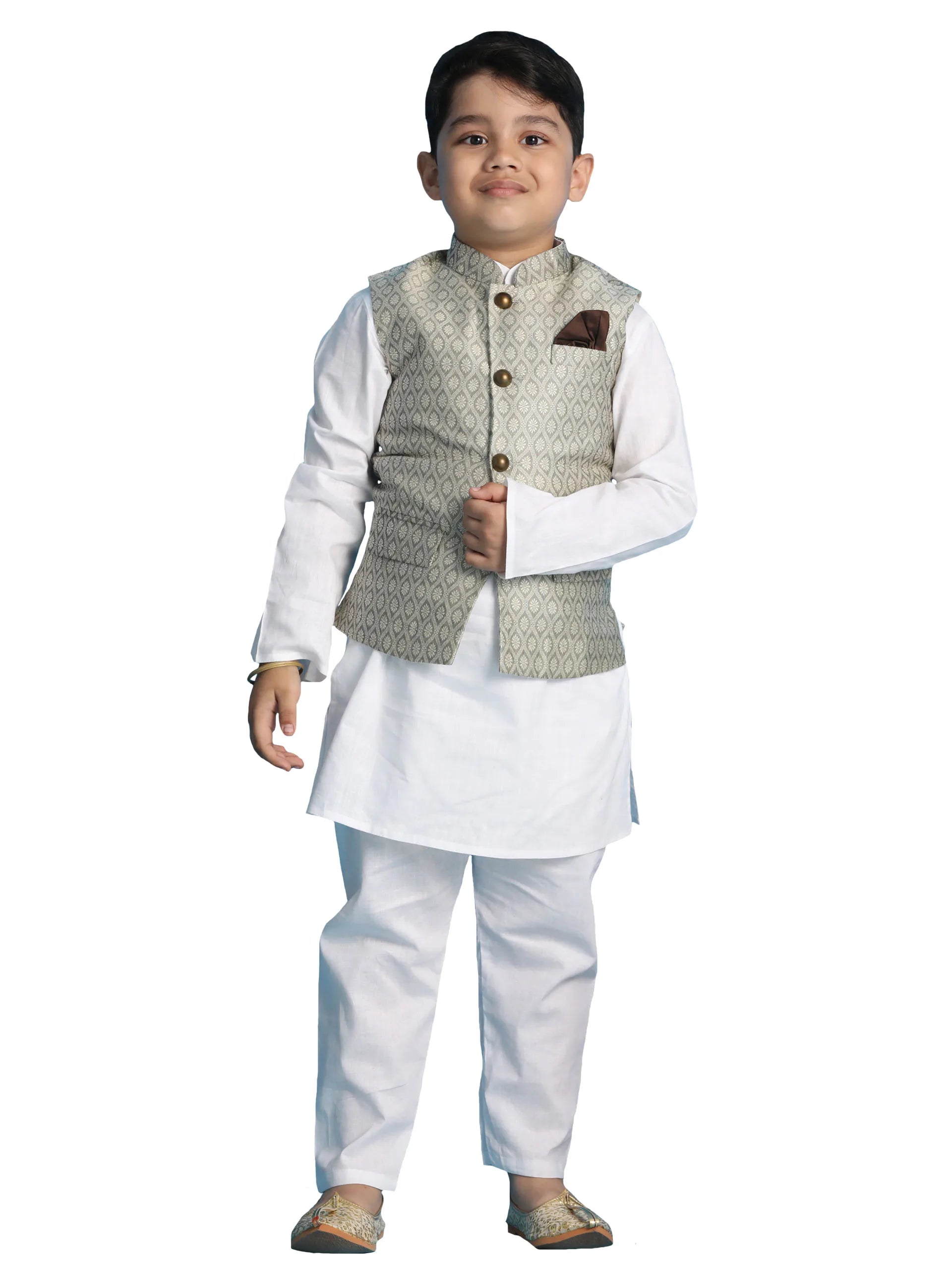 Boys' Beige And White Jacket, Kurta and Pyjama Set