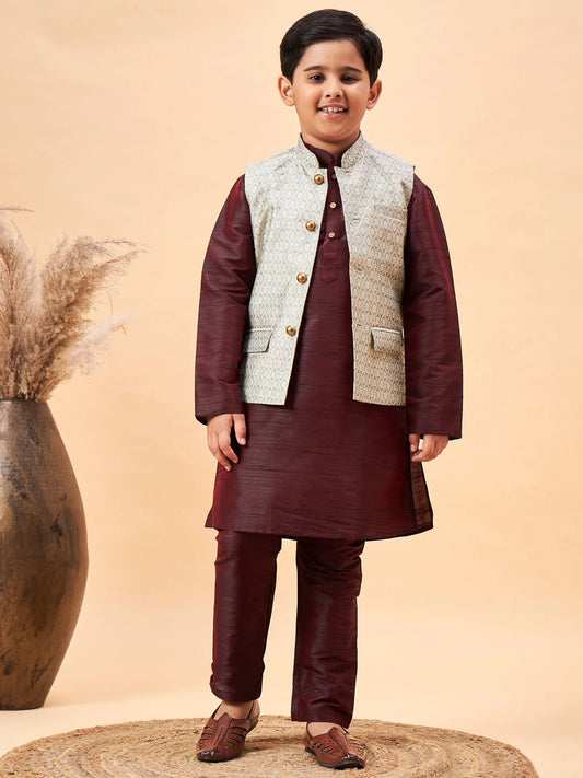 Boys' Wine And Beige Jacket, Kurta and Pyjama Set